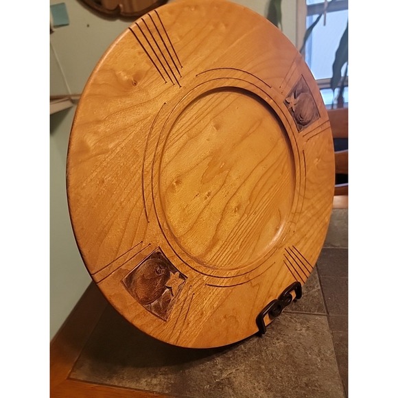 Handmade Other - Vtg Hand Turned 14" Carved Birch Wood Platter Snack Plate Apple Carvings Signed
